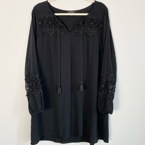 Express Crochet Lace Inset Mini Dress Tunic Cover Up Medium Black Boho Bohemian